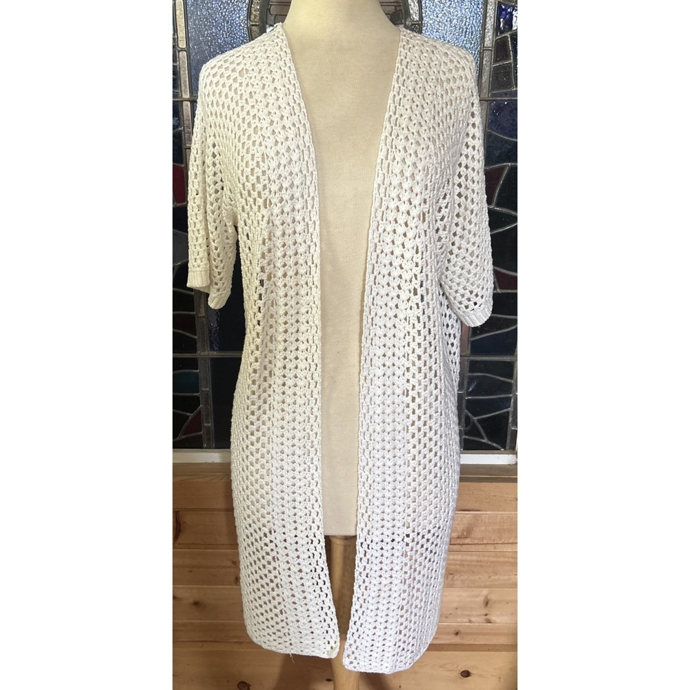 Jessica London Open Front Cardigan Crochet Open Weave Cream Short Sleeves 14/16